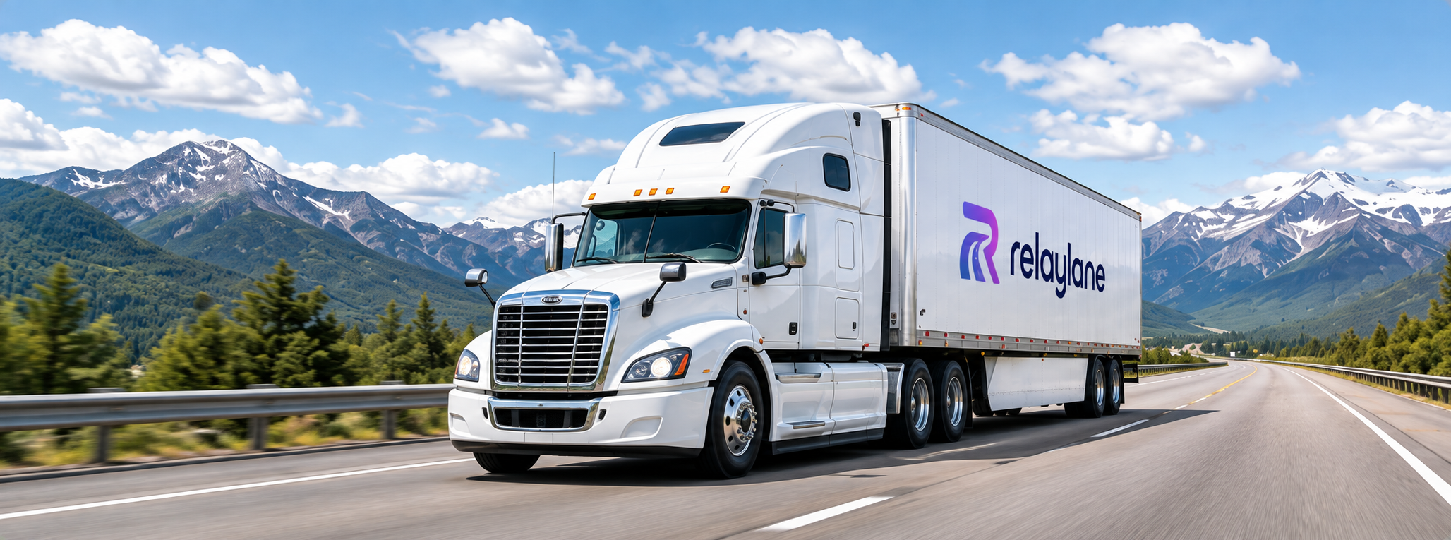 A RelayLane-branded white tractor-trailer traveling on a mountain highway